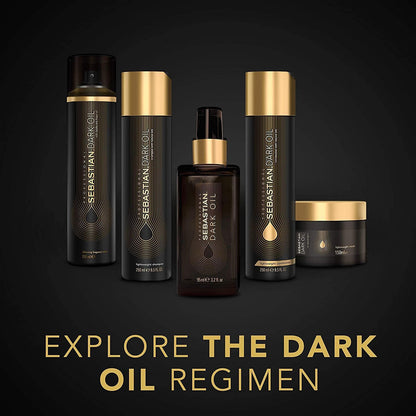 Sebastian Dark Oil hair care product lineup on a black background with text 'Explore The Dark Oil Regimen'.