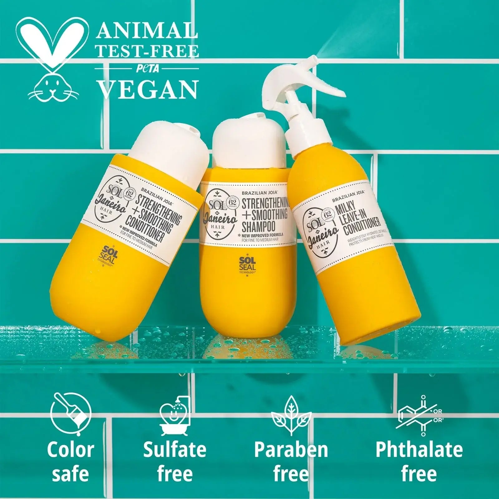 Sol de Janeiro Brazilian Joia Haircare Bundle featuring shampoo and conditioner on a turquoise tile background.