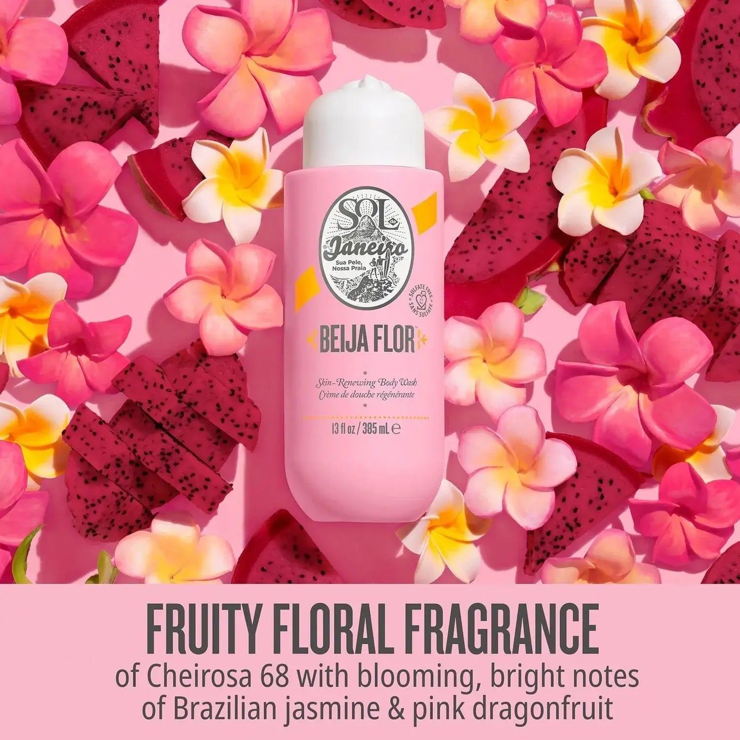 Sol de Janeiro Beija Flor Body Wash with fruity floral fragrance, surrounded by Brazilian jasmine and pink dragonfruit flowers.