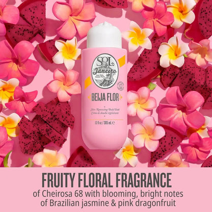 Sol de Janeiro Beija Flor Body Wash with fruity floral fragrance, surrounded by Brazilian jasmine and pink dragonfruit flowers.