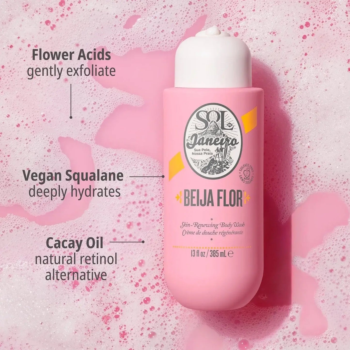 Sol de Janeiro Beija Flor Body Wash bottle with benefits of flower acids, vegan squalane, and cacay oil highlighted