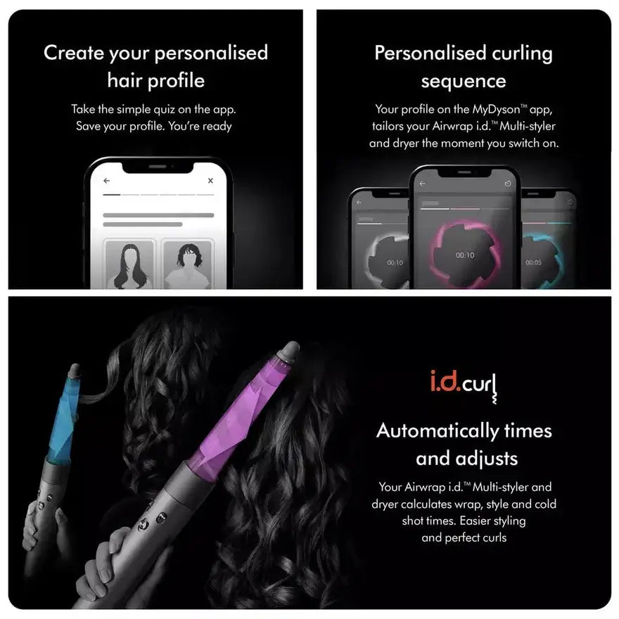 Interactive Dyson Airwrap ID features including hair profile setup and curling sequence display for personalized styling.