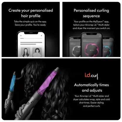 Interactive Dyson Airwrap ID features including hair profile setup and curling sequence display for personalized styling.