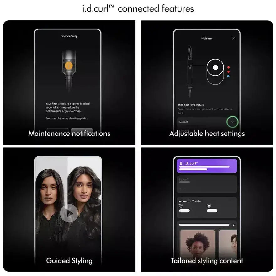 Overview of i.d.curl connected features including filter cleaning, adjustable heat, guided styling, and tailored content.