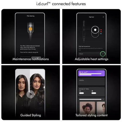 Overview of i.d.curl connected features including filter cleaning, adjustable heat, guided styling, and tailored content.