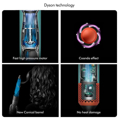 Dyson Airwrap technology features: fast motor, Coanda effect, new conical barrel, and no heat damage design.