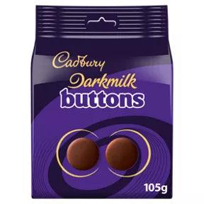 Cadbury Darkmilk Giant Buttons Chocolate Bag 105g, suitable for vegetarians, contains milk and soya.