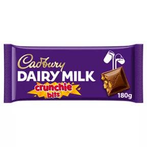 Cadbury Dairy Milk Crunchie Bits Chocolate Bar 180g packaging with crunchy honeycomb pieces.