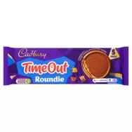 Cadbury Time Out Roundie 150g pack featuring thick chocolate-covered wafer treats.