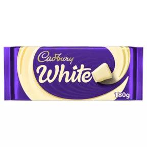 Cadbury White chocolate bar 180g, suitable for vegetarians, may contain nuts, includes milk and soya.