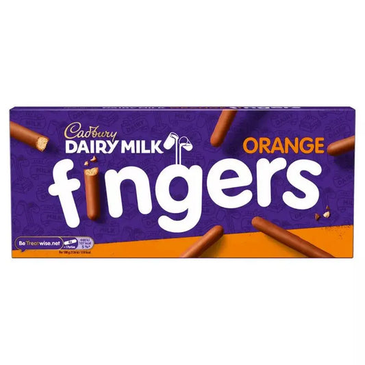 Cadbury Dairy Milk Fingers Biscuits 114g Orange flavor packaging, suitable for vegetarians, may contain nuts.
