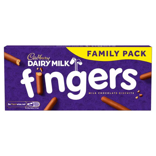 Cadbury Dairy Milk Fingers milk chocolate biscuits family pack 189g, suitable for vegetarians, may contain nuts.
