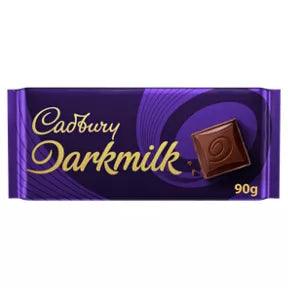 Cadbury Darkmilk Chocolate Bar 90g packaging featuring rich dark chocolate suitable for vegetarians, with allergy warning.