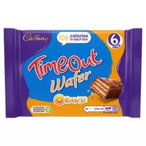 Cadbury Timeout Wafer Orange 6 Pack, 121.2g, suitable for vegetarians, may contain nuts, with milk, soya, and wheat.