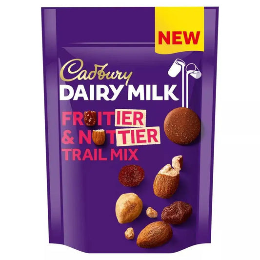 Cadbury Dairy Milk Fruitier & Nuttier Trail Mix Bag 100g, a tasty vegetarian snack with nuts and fruit.