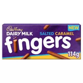 Cadbury Dairy Milk Salted Caramel Fingers Biscuits 114g packaging featuring tasty chocolate-coated snacks.