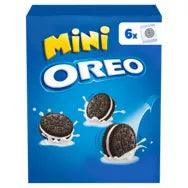 Oreo Mini Chocolate Sandwich Biscuit pack containing 6x19g, suitable for vegetarians, with milk, soya, and wheat.
