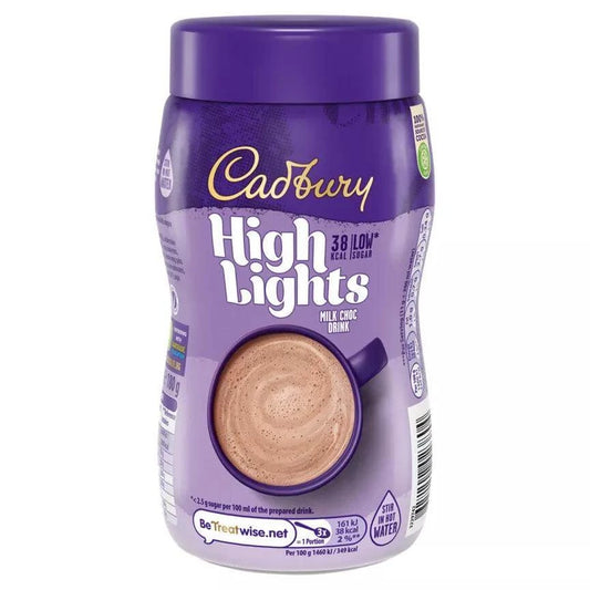 Cadbury Highlights Milk Choc Drink in purple packaging, suitable for vegetarians, contains milk, 38 low-calorie servings.
