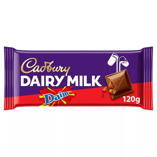 Cadbury Dairy Milk with Daim chocolate bar packaging 120g, suitable for vegetarians, may contain nuts and wheat.