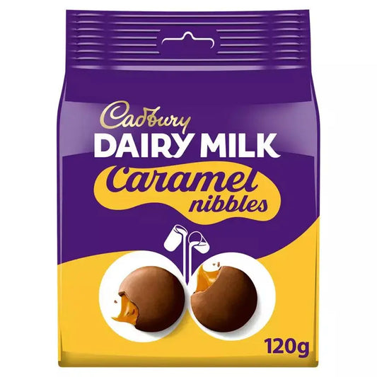 Cadbury Dairy Milk Caramel Nibbles chocolate share bag 120g suitable for vegetarians and contains milk
