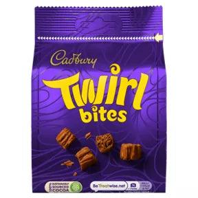 Cadbury Twirl Bites Milk Chocolate Share Bag 109g, suitable for vegetarians, featuring delicious chocolate treats.