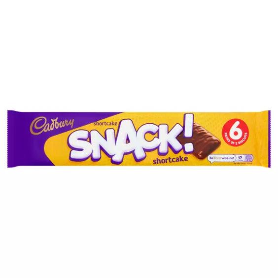 Cadbury Snack Shortcake Chocolate Biscuit 6 Pack, 6 x 20g suitable for vegetarians. May contain nuts.