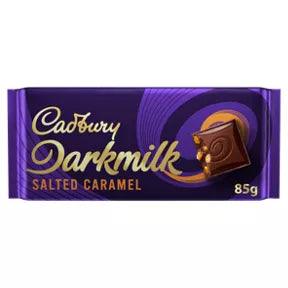 Cadbury Darkmilk Salted Caramel Chocolate Bar 85g packaging with rich dark chocolate and caramel design.