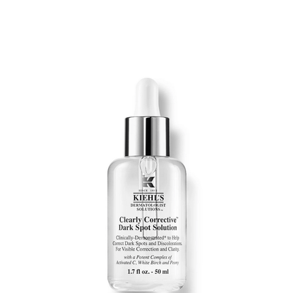 Kiehl's Clearly Corrective Dark Spot Solution serum in a dropper bottle for brightening skin and reducing discoloration.
