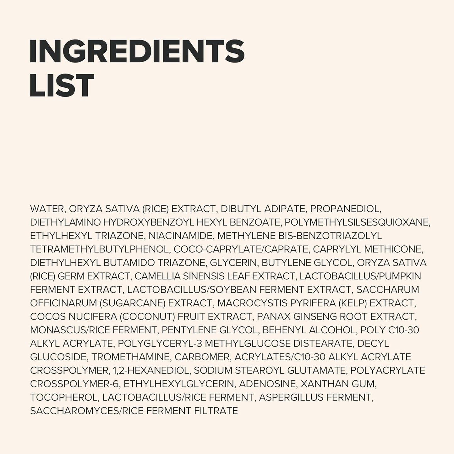 Ingredients list on a white background
