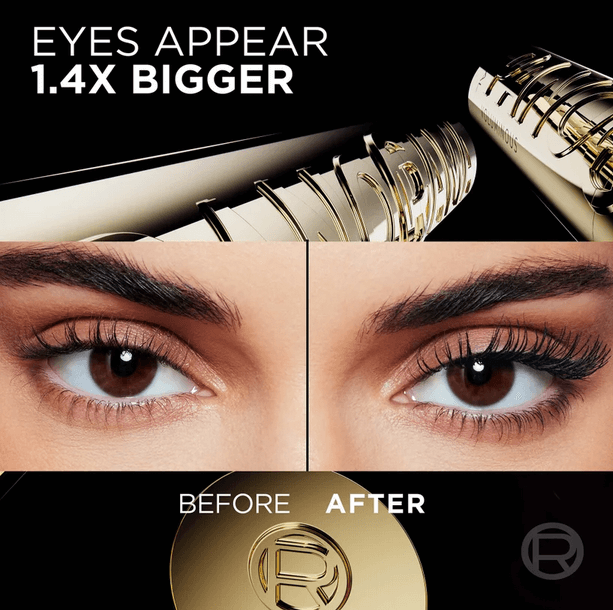 Before and after image showcasing L'Oreal Paris Volume Million Lashes Panorama Mascara effect on lashes.