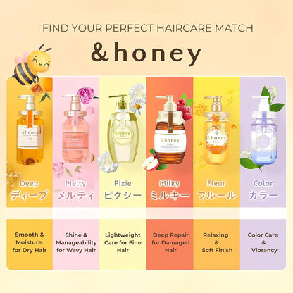 &honey hair care product lineup with descriptions on a gradient background
