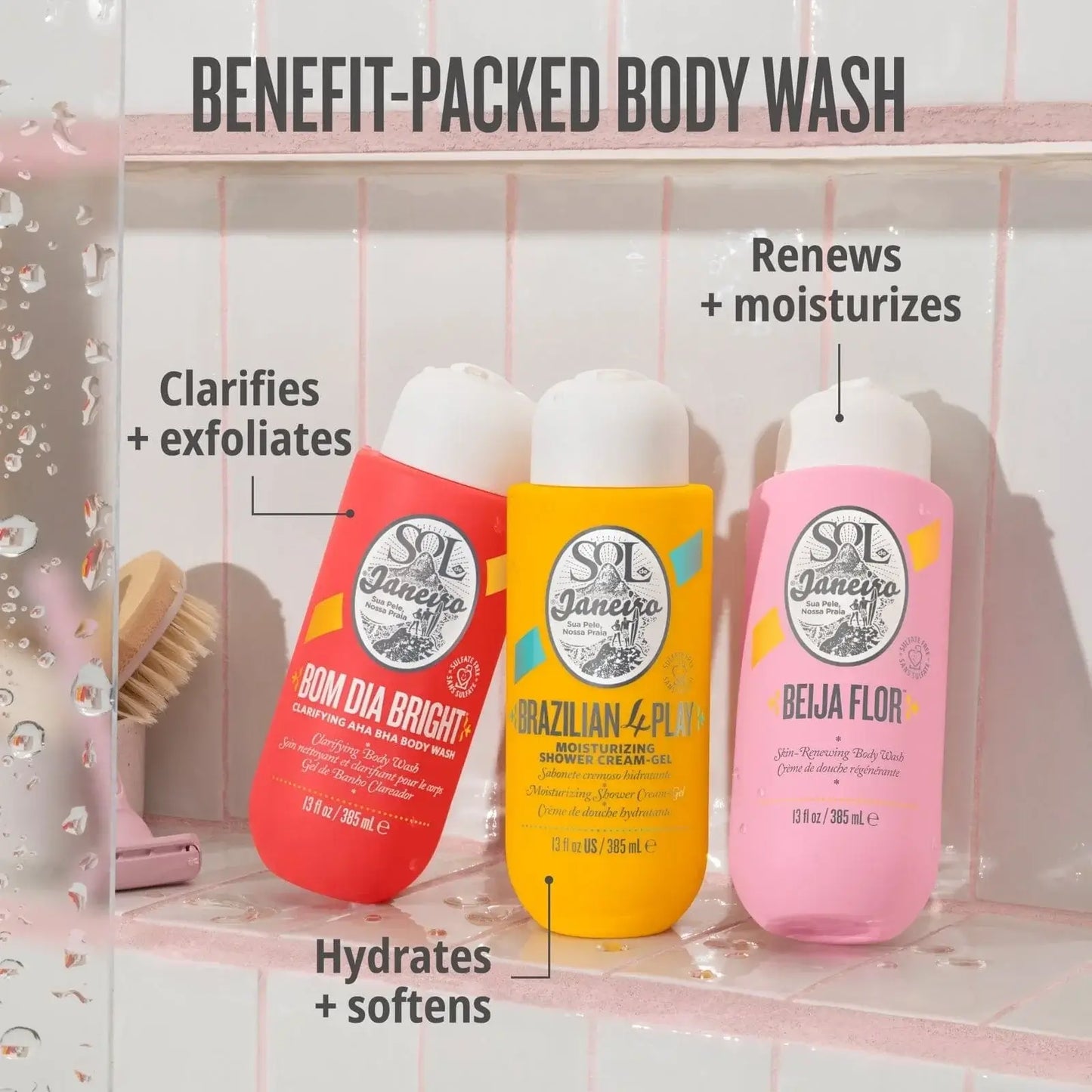 Sol de Janeiro Beija Flor Body Wash alongside Bom Dia Bright and Brazilian 4-Play, showcasing benefits like hydration and exfoliation.