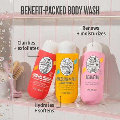 Sol de Janeiro Beija Flor Body Wash alongside Bom Dia Bright and Brazilian 4-Play, showcasing benefits like hydration and exfoliation.
