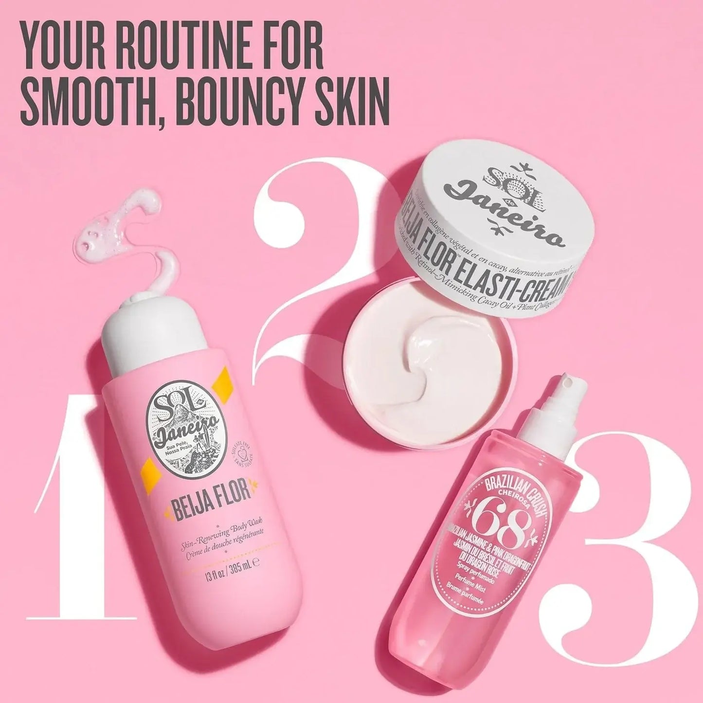 Sol de Janeiro Beija Flor body wash and Elasti Cream, three-step routine for smooth, bouncy skin on pink background.