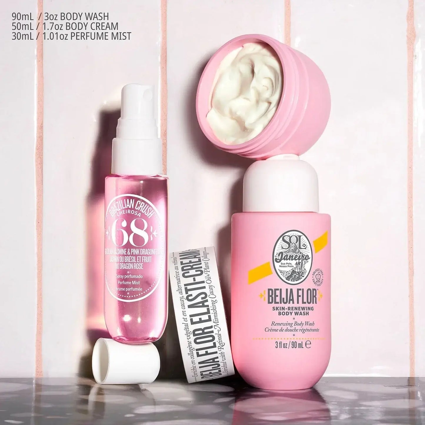 Sol de Janeiro Beija Flor Body Wash, body cream, and perfume mist showcasing rejuvenating skincare products.