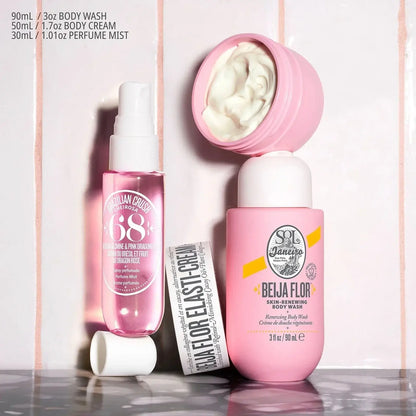 Sol de Janeiro Beija Flor Body Wash, body cream, and perfume mist showcasing rejuvenating skincare products.