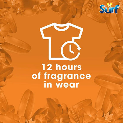 Surf laundry capsules providing 12 hours of fragrance in wear, with vibrant floral background.