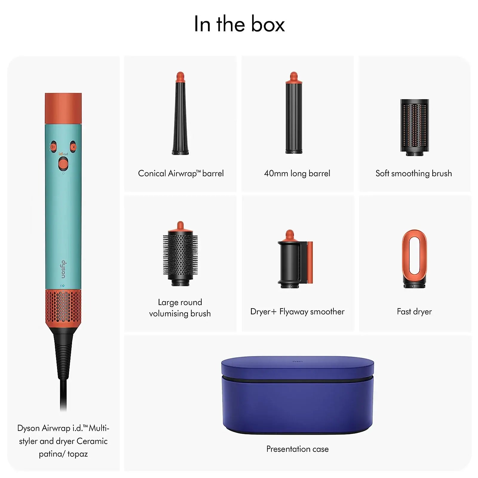 Contents of the Dyson Airwrap I.D. Patina & Topaz box including barrels, brushes, and a presentation case.