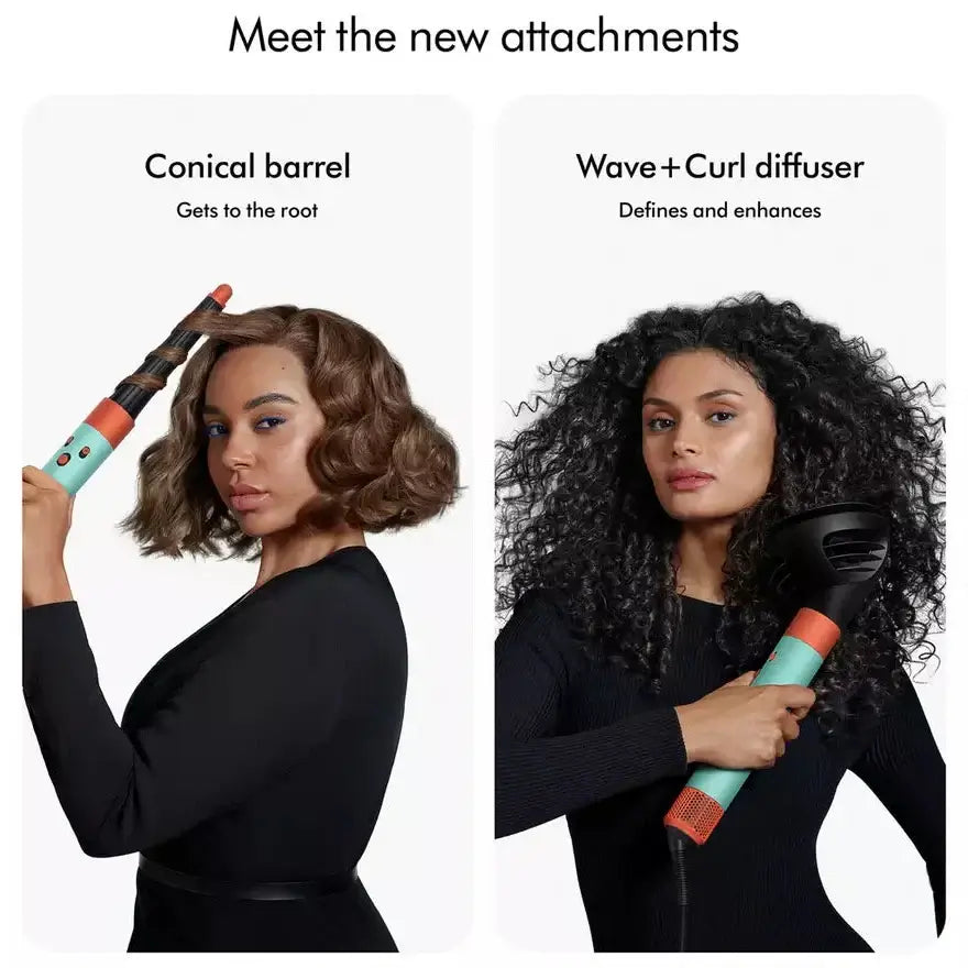 Dyson Airwrap ID attachments: Conical barrel for root styling and Wave + Curl diffuser for enhanced curls.