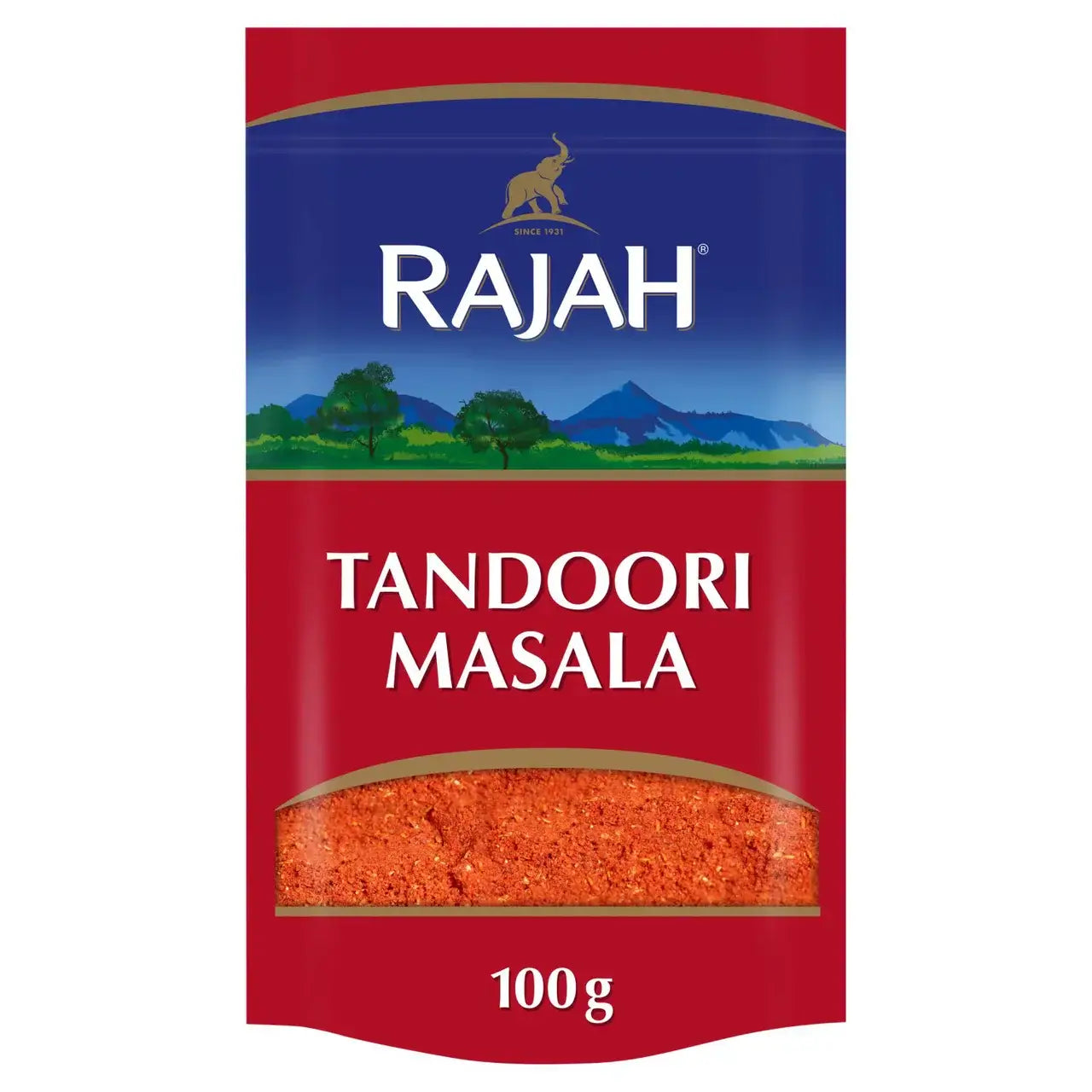 Rajah Tandoori Masala 100g packaging, perfect for creating authentic Indian tandoori dishes with vibrant flavors.