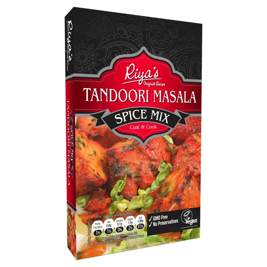 Riya's Original Recipe Tandoori Masala Mix box showcasing vibrant spices, vegan, and GMO-free packaging design.
