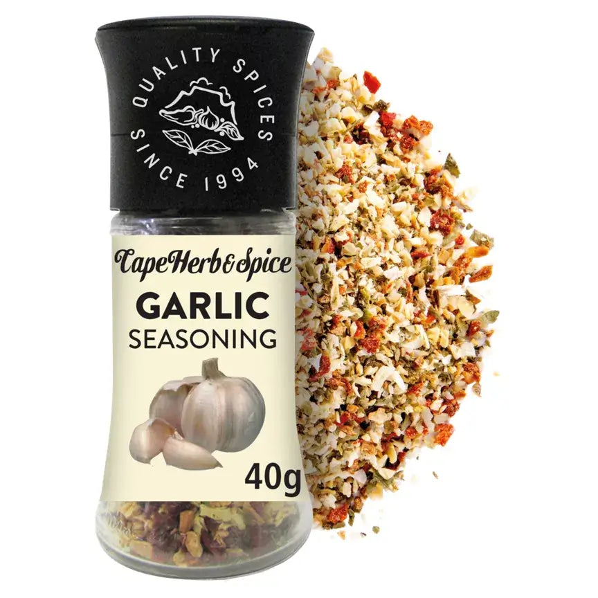 Cape Herb & Spice Garlic Addict Seasoning Grinder with flavorful garlic seasoning, perfect for enhancing your culinary creations.