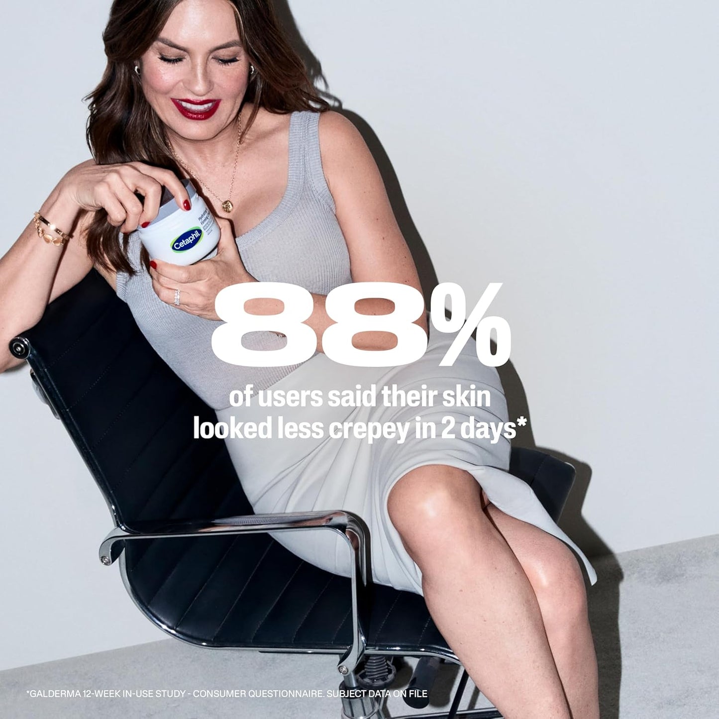 Woman holding a bottle of Cetaphil skincare product with text claiming 88% improvement in skin texture.