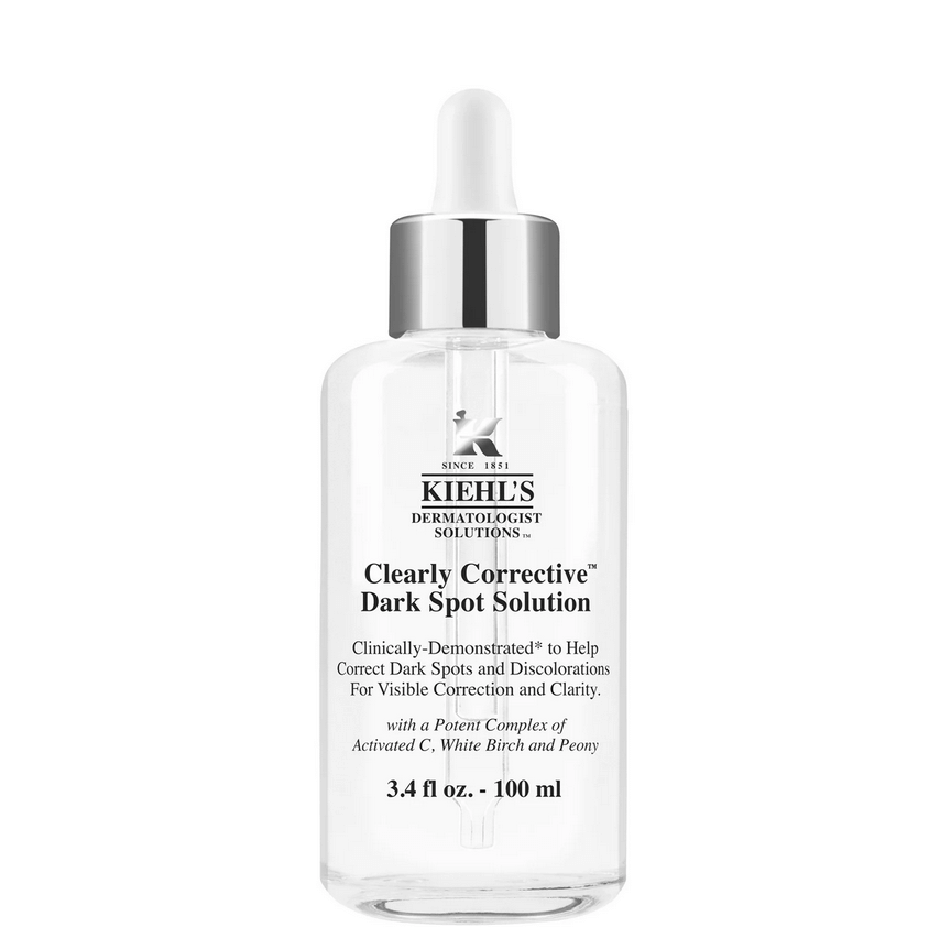 Kiehl's Clearly Corrective Dark Spot Solution serum in a clear bottle to brighten and even skin tone.