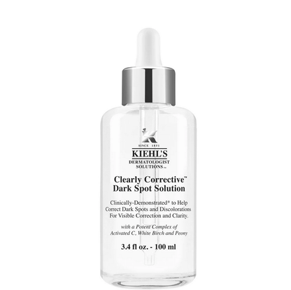 Kiehl's Clearly Corrective Dark Spot Solution serum in a clear bottle to brighten and even skin tone.