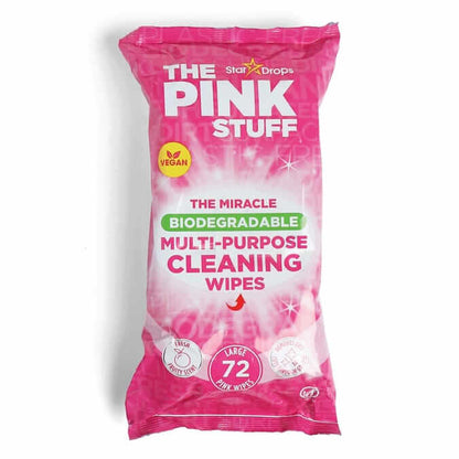 The Pink Stuff biodegradable multi-purpose cleaning wipes pack with 72 large vegan wipes for tough stains and pleasant fragrance.