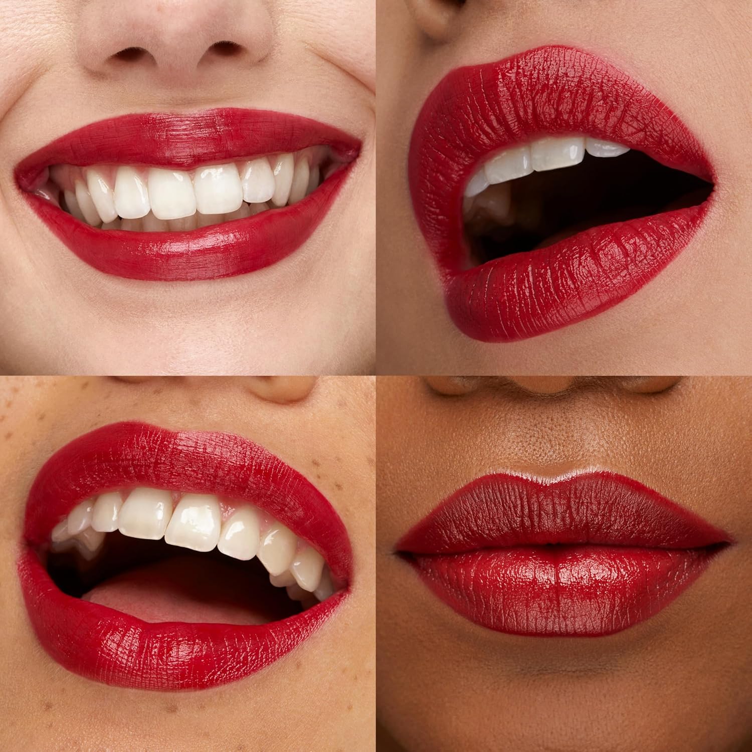 Close-up of different people wearing red lipstick on a neutral background