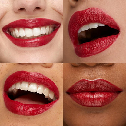 Close-up of different people wearing red lipstick on a neutral background