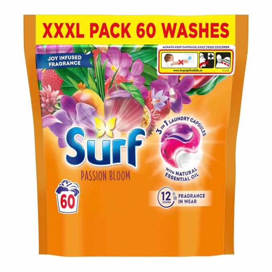 Surf Passion Bloom laundry detergent capsules packaging, 60 washes, infused with natural essential oils for long-lasting fragrance.