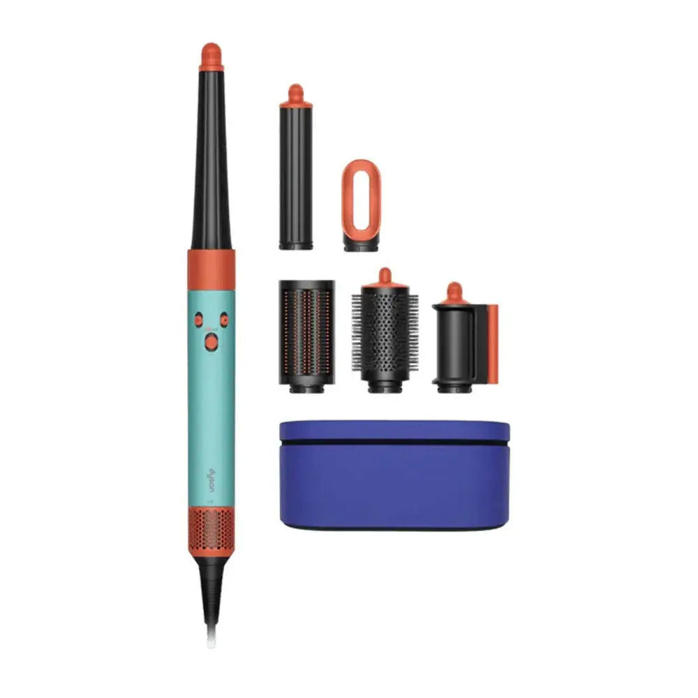 Dyson Airwrap I.D. Patina & Topaz styling tool with attachments and storage case for versatile hair styling.